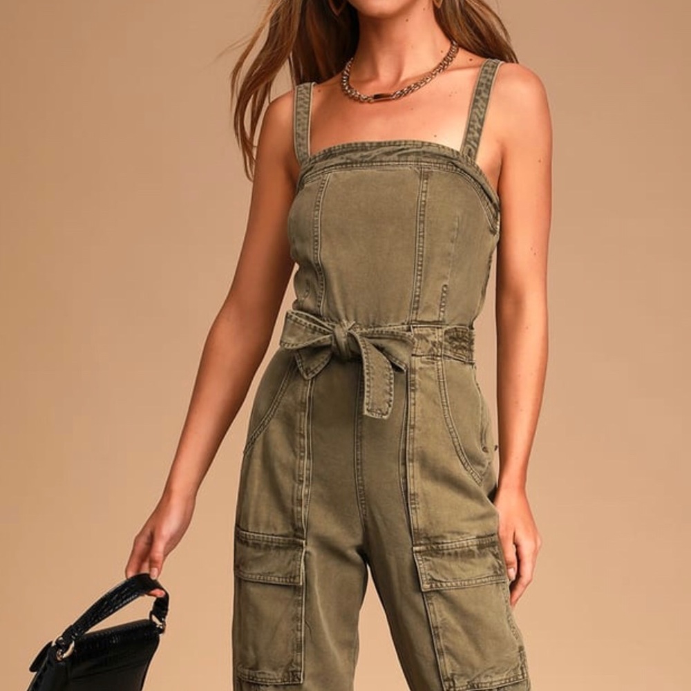 Go West Olive Green Utility Denim Jumpsuit